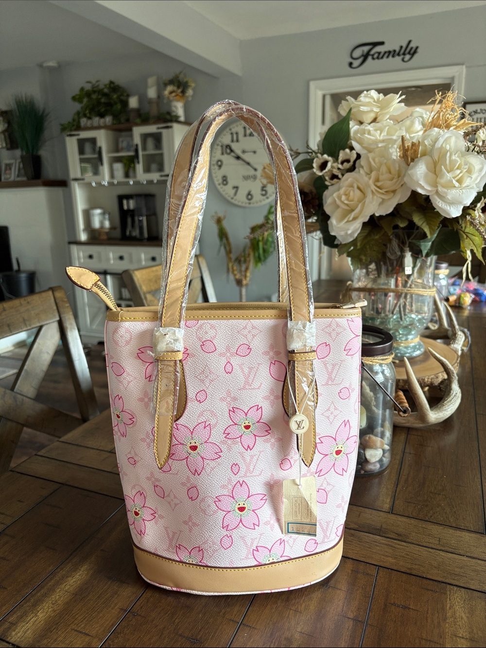Pink Floral Monogram Bucket Bag Tote with Tan Trim